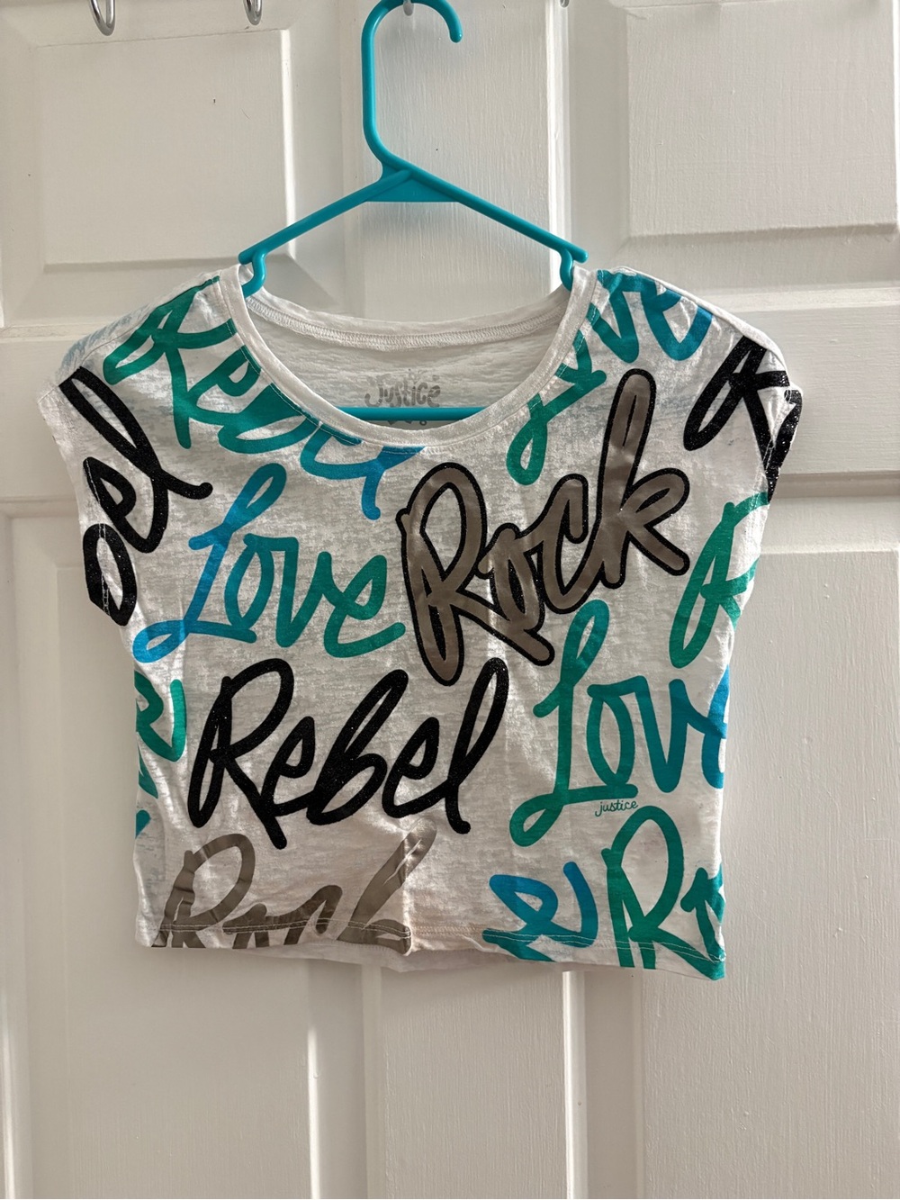 Justice White Tee with Teal, Black & Metallic Gray 'Love Rebel Rock' Graphic